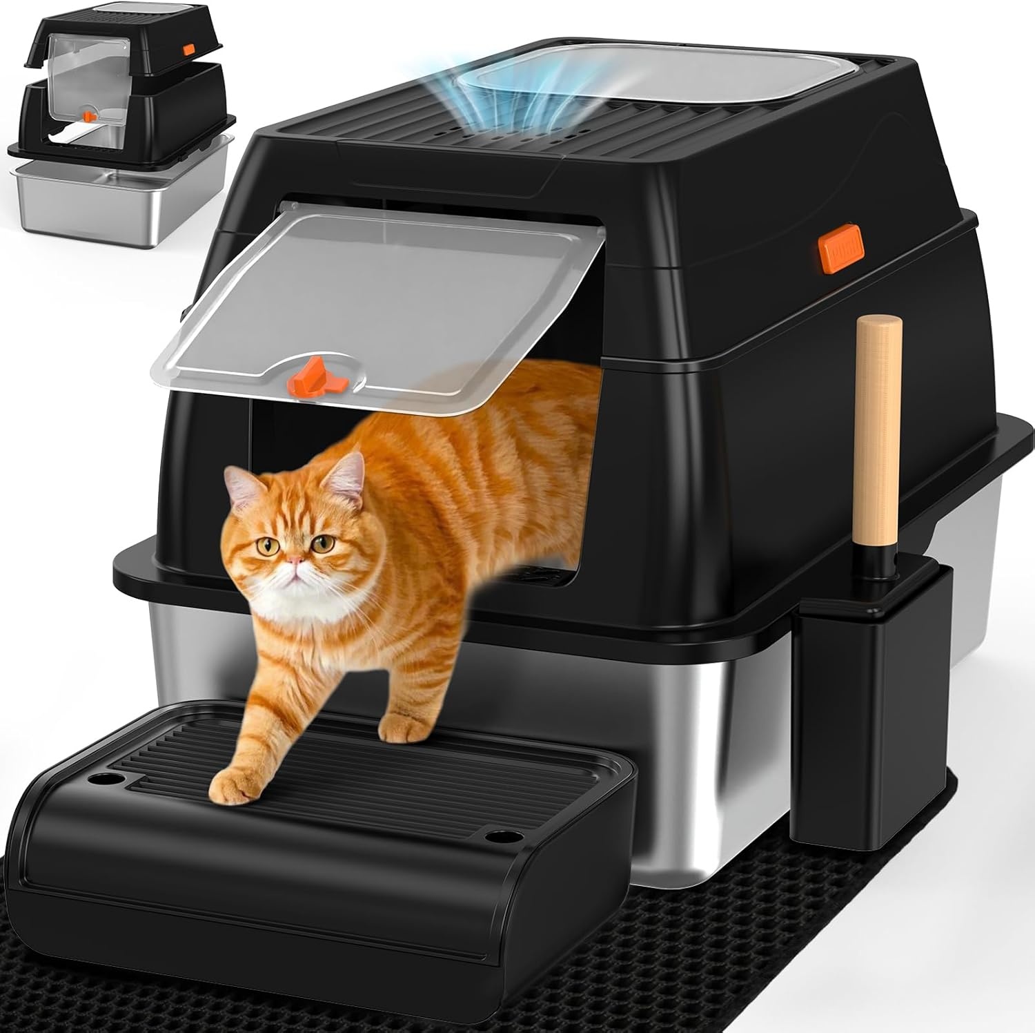 Kattenbak van Roestvrij Staal Met Deksel, Kattenbox Groot XL,Stainless Steel Cat Litter Box, Gesloten Kattentoilet Met Hoge Rand, Twee Ingangen, Schepje+Matje+Opstapje- 60x 40x39,5cm (Zwart)