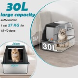 Kattenbak van Roestvrij Staal Met Deksel, Kattenbox Groot XL,Stainless Steel Cat Litter Box, Gesloten Kattentoilet Met Hoge Rand, Twee Ingangen, Schepje+Matje+Opstapje- 60x 40x39,5cm (Zwart)