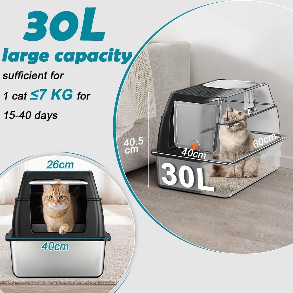 Kattenbak van Roestvrij Staal Met Deksel, Kattenbox Groot XL,Stainless Steel Cat Litter Box, Gesloten Kattentoilet Met Hoge Rand, Twee Ingangen, Schepje+Matje+Opstapje- 60x 40x39,5cm (Zwart)