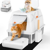 Kattenbak van Roestvrij Staal Met Deksel, Kattenbox Groot XL,Stainless Steel Cat Litter Box, Gesloten Kattentoilet Met Hoge Rand, Twee Ingangen, Schepje+Matje+Opstapje- 60x 40x39,5cm (Zwart)