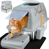Kattenbak van Roestvrij Staal Met Deksel, Kattenbox Groot XL,Stainless Steel Cat Litter Box, Gesloten Kattentoilet Met Hoge Rand, Twee Ingangen, Schepje+Matje+Opstapje- 60x 40x39,5cm (Zwart)