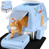 Kattenbak van Roestvrij Staal Met Deksel, Kattenbox Groot XL,Stainless Steel Cat Litter Box, Gesloten Kattentoilet Met Hoge Rand, Twee Ingangen, Schepje+Matje+Opstapje- 60x 40x39,5cm (Zwart)
