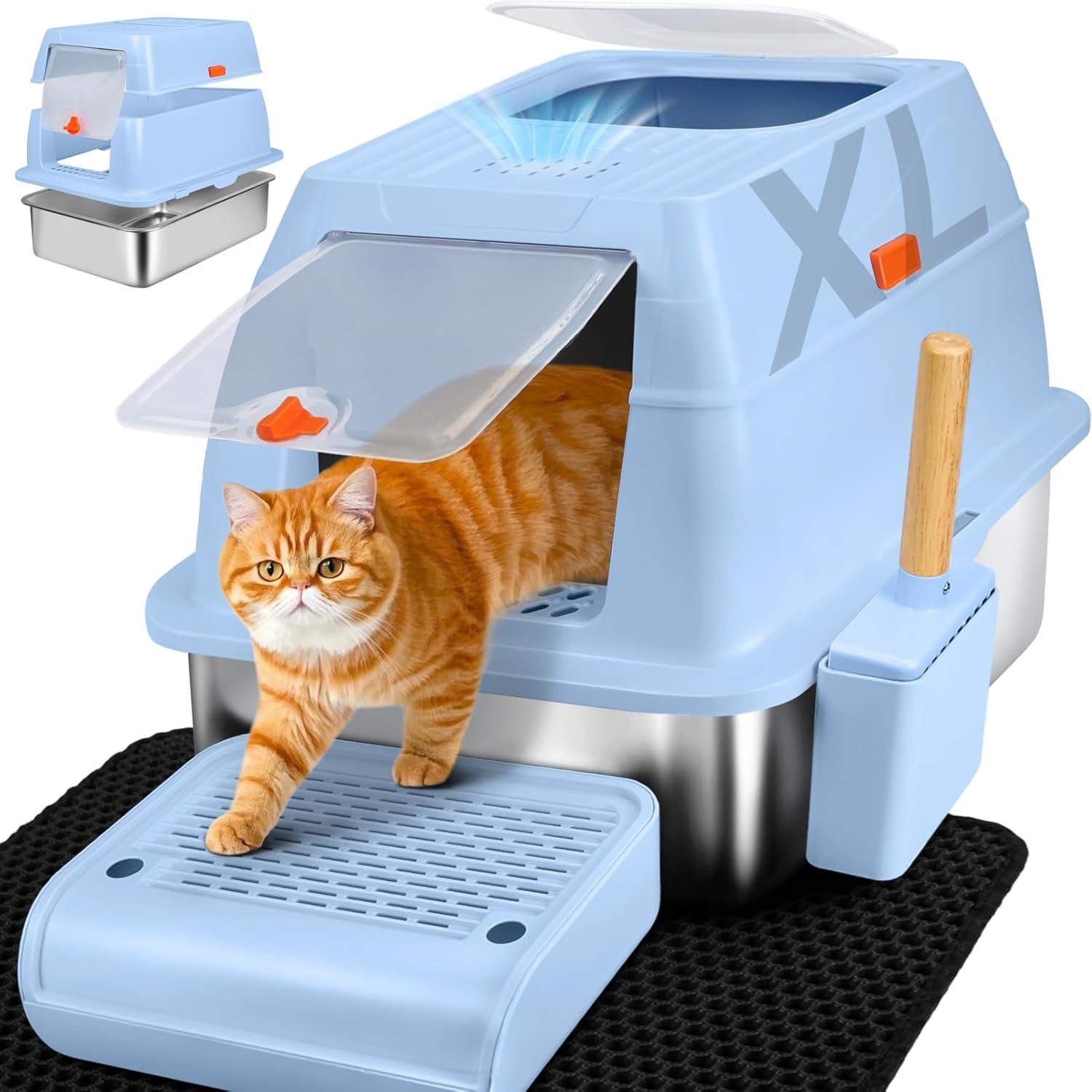 Kattenbak van Roestvrij Staal Met Deksel, Kattenbox Groot XL,Stainless Steel Cat Litter Box, Gesloten Kattentoilet Met Hoge Rand, Twee Ingangen, Schepje+Matje+Opstapje- 60x 40x39,5cm (Zwart)