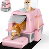 Kattenbak van Roestvrij Staal Met Deksel, Kattenbox Groot XL,Stainless Steel Cat Litter Box, Gesloten Kattentoilet Met Hoge Rand, Twee Ingangen, Schepje+Matje+Opstapje- 60x 40x39,5cm (Zwart)