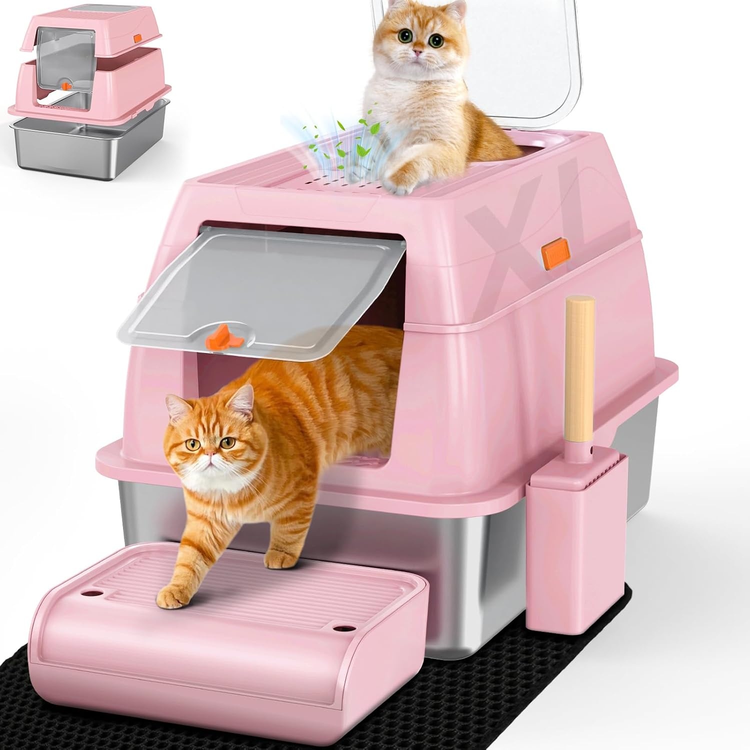 Kattenbak van Roestvrij Staal Met Deksel, Kattenbox Groot XL,Stainless Steel Cat Litter Box, Gesloten Kattentoilet Met Hoge Rand, Twee Ingangen, Schepje+Matje+Opstapje- 60x 40x39,5cm (Zwart)