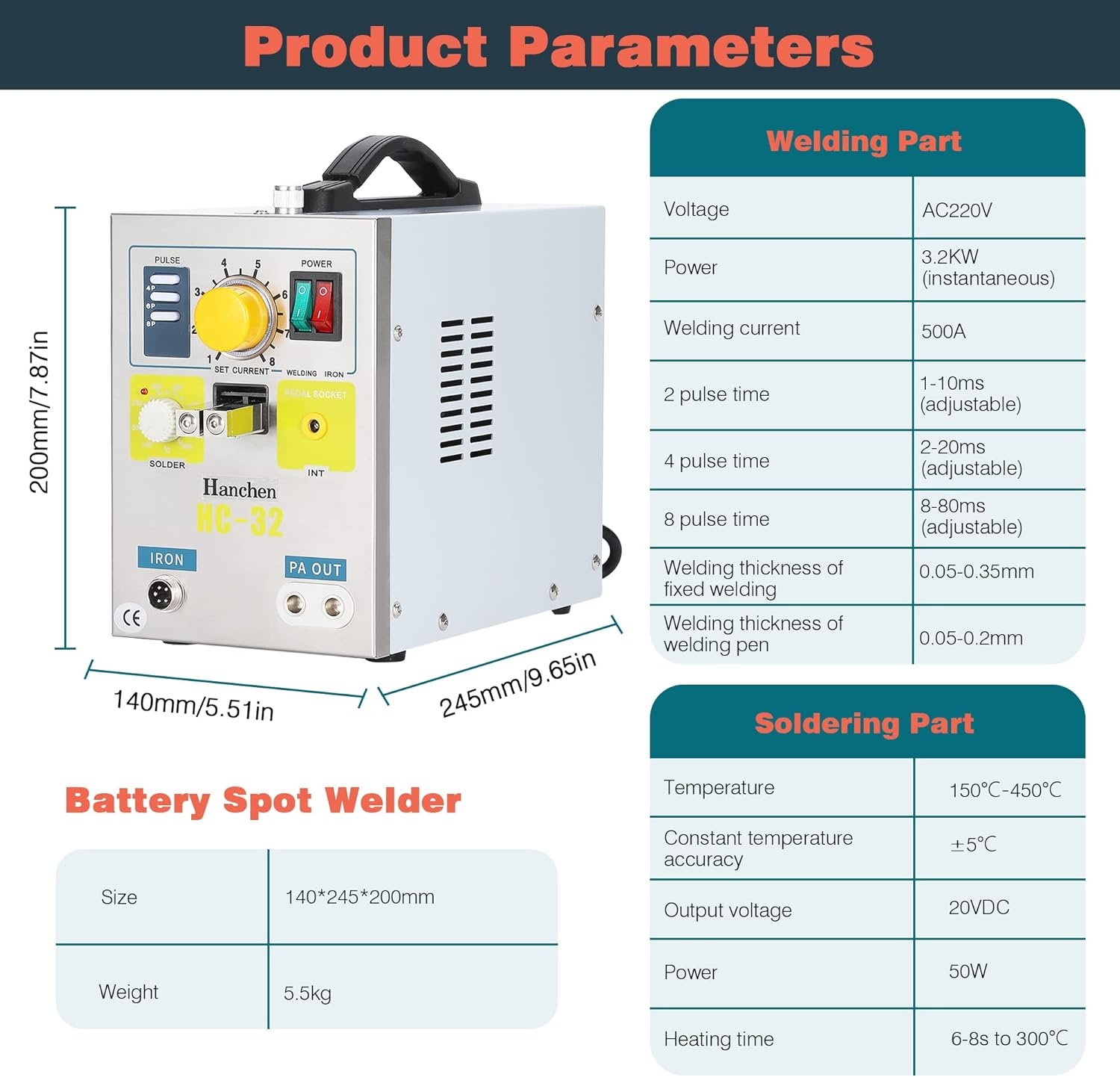 Hanchen Puntlasapparaat voor accu lasapparaat professionele batterijen puntlasapparaat Spot Welder lassen & solderen 2 in1 voor 18650 16430 22650 32650 batterij 220 V
