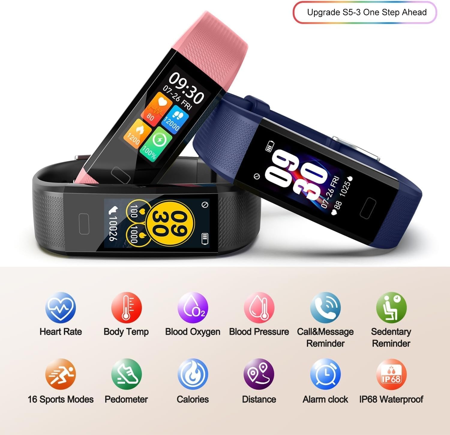 Fitnesstracker met Hartslagmeter, Bloeddruk, Fitnesshorloge Waterdicht IP68, 16 Sportmodi, Stappenteller, Calorieënteller, Activiteitstracker Dames Heren Kinderen, Smartwatch iOS en Android