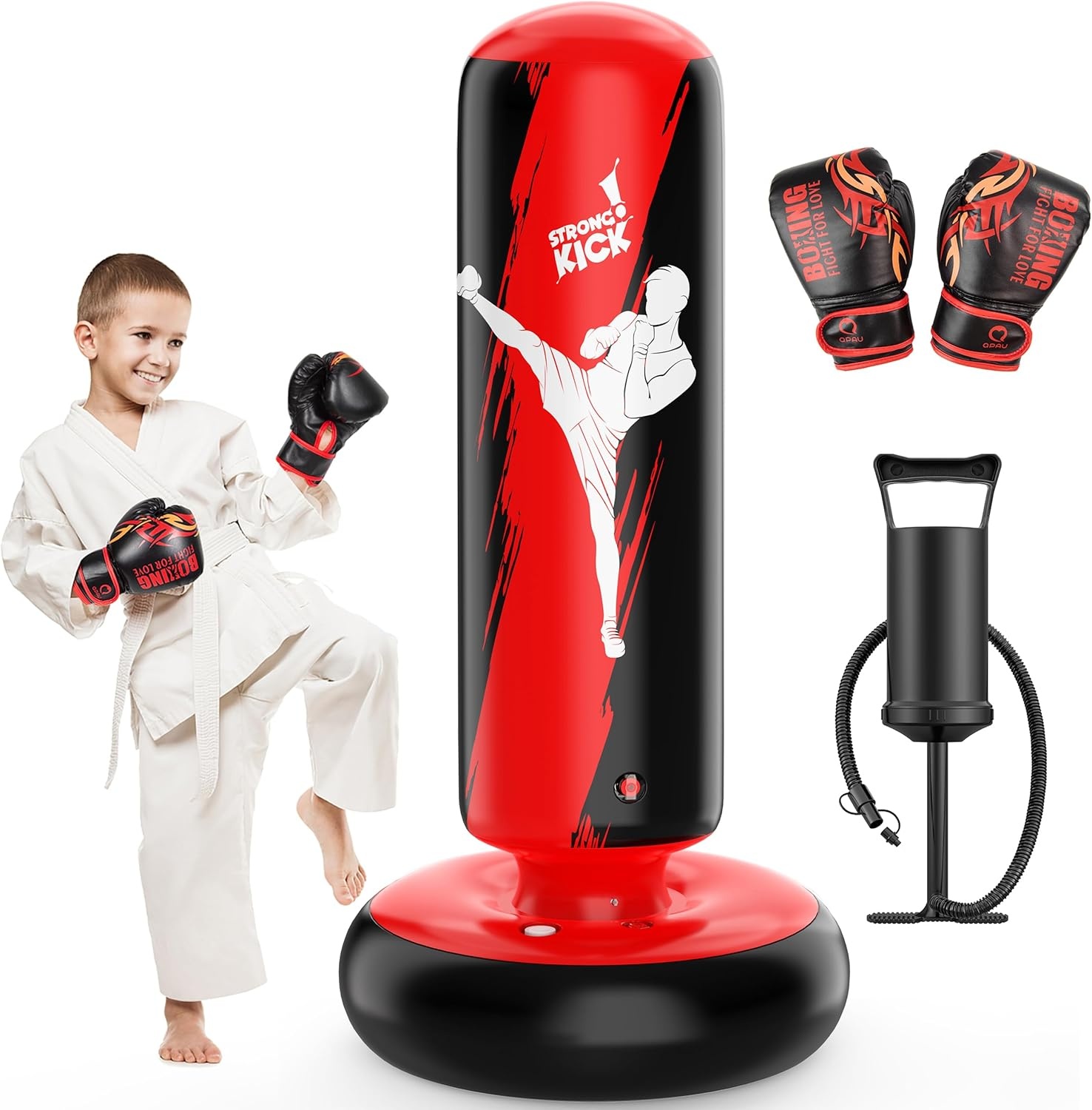 QPAU Bokszak voor kinderen, opblaasbare staande bokszak voor 3-8 kinderen, cadeaus voor jongens en meisjes, staande bokszak voor de praktijk karate, taekwondo, MMA