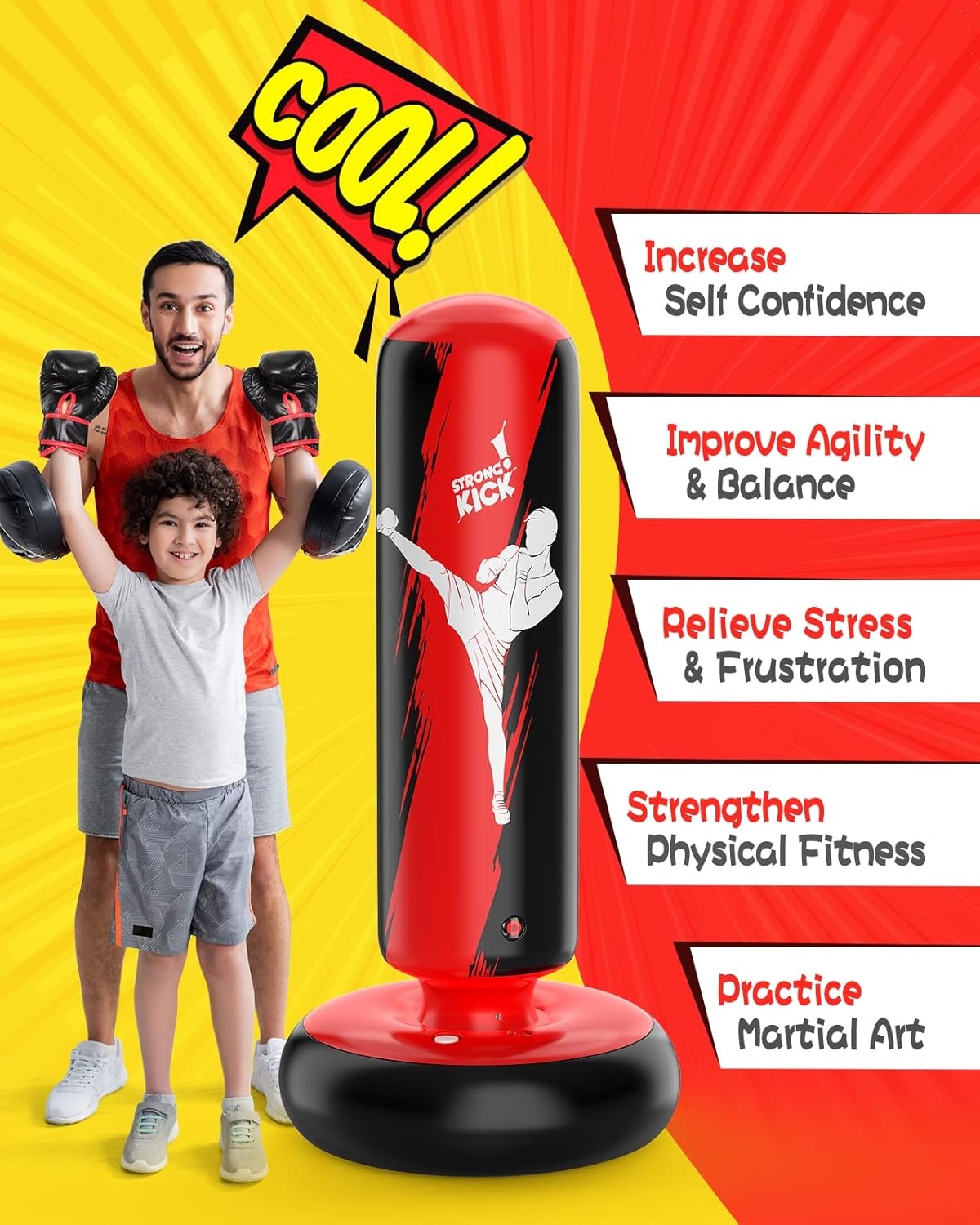 QPAU Bokszak voor kinderen, opblaasbare staande bokszak voor 3-8 kinderen, cadeaus voor jongens en meisjes, staande bokszak voor de praktijk karate, taekwondo, MMA