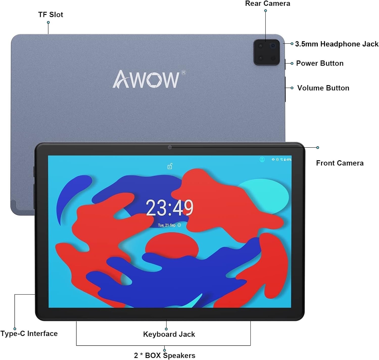 AWOW 2-in-1 Tablet Android 11, 10.1 Inch, Octa-Core CPU, 64GB ROM(TF 512GB), 1920 x 1200 IPS Display, 5+13MP Camera, Face Detection, 2.4G + 5G WiFi/Type-C/Bluetooth