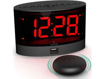 ANJANK Zeer Luide Wekker met Kabelloze Trillingen, Dedschudder Voor Gehoorlozen/Gehoorbeschadigde/Diepslaapers, Dubbel Alarm, Dimmer, Batterij Back-up, USB-lader, Grote Digitale LED-Weergave