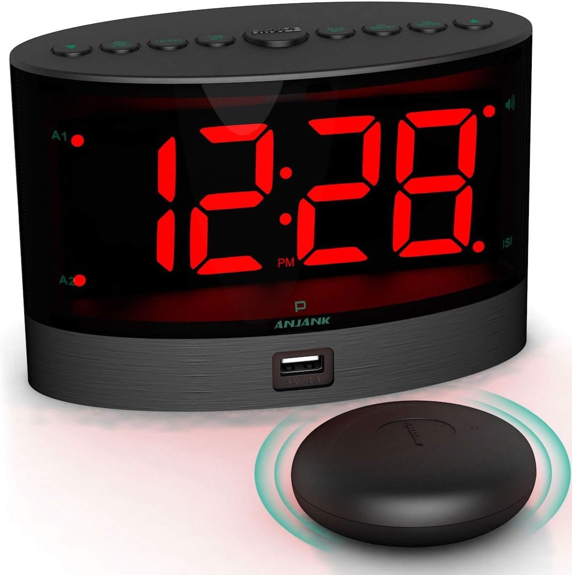 ANJANK Zeer Luide Wekker met Kabelloze Trillingen, Dedschudder Voor Gehoorlozen/Gehoorbeschadigde/Diepslaapers, Dubbel Alarm, Dimmer, Batterij Back-up, USB-lader, Grote Digitale LED-Weergave