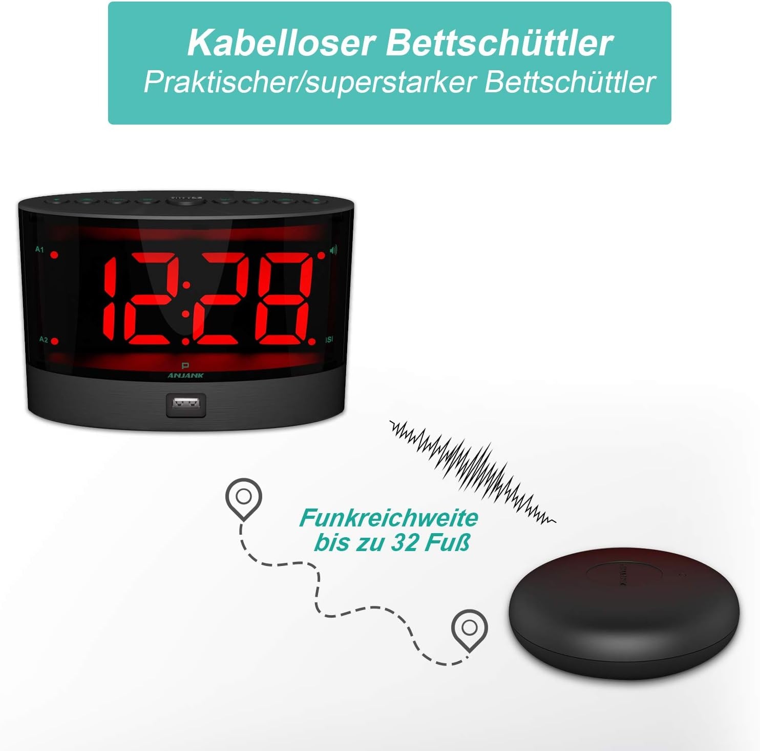 ANJANK Zeer Luide Wekker met Kabelloze Trillingen, Dedschudder Voor Gehoorlozen/Gehoorbeschadigde/Diepslaapers, Dubbel Alarm, Dimmer, Batterij Back-up, USB-lader, Grote Digitale LED-Weergave