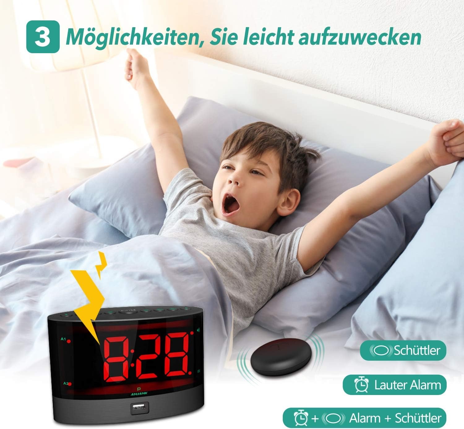 ANJANK Zeer Luide Wekker met Kabelloze Trillingen, Dedschudder Voor Gehoorlozen/Gehoorbeschadigde/Diepslaapers, Dubbel Alarm, Dimmer, Batterij Back-up, USB-lader, Grote Digitale LED-Weergave