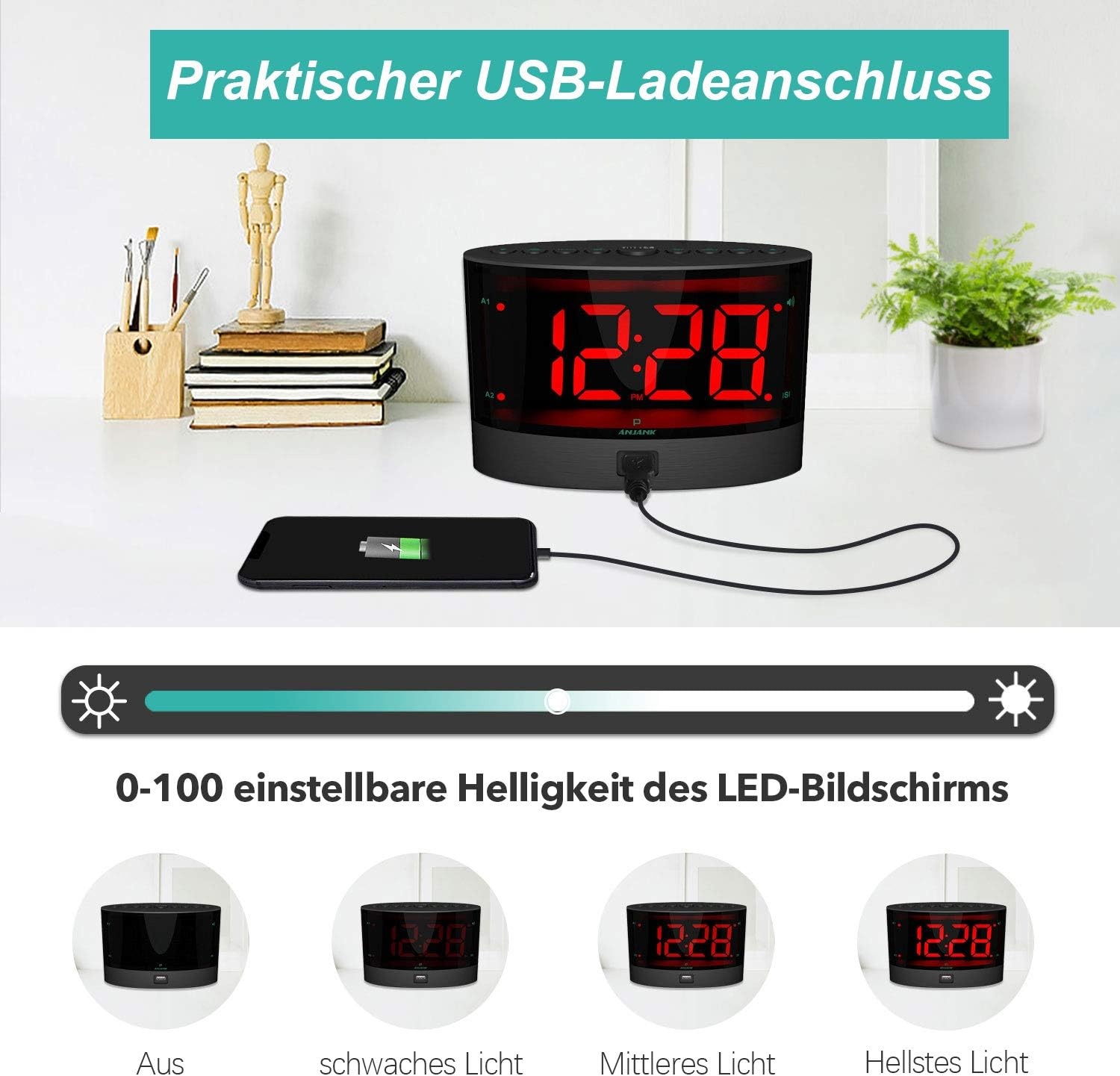 ANJANK Zeer Luide Wekker met Kabelloze Trillingen, Dedschudder Voor Gehoorlozen/Gehoorbeschadigde/Diepslaapers, Dubbel Alarm, Dimmer, Batterij Back-up, USB-lader, Grote Digitale LED-Weergave