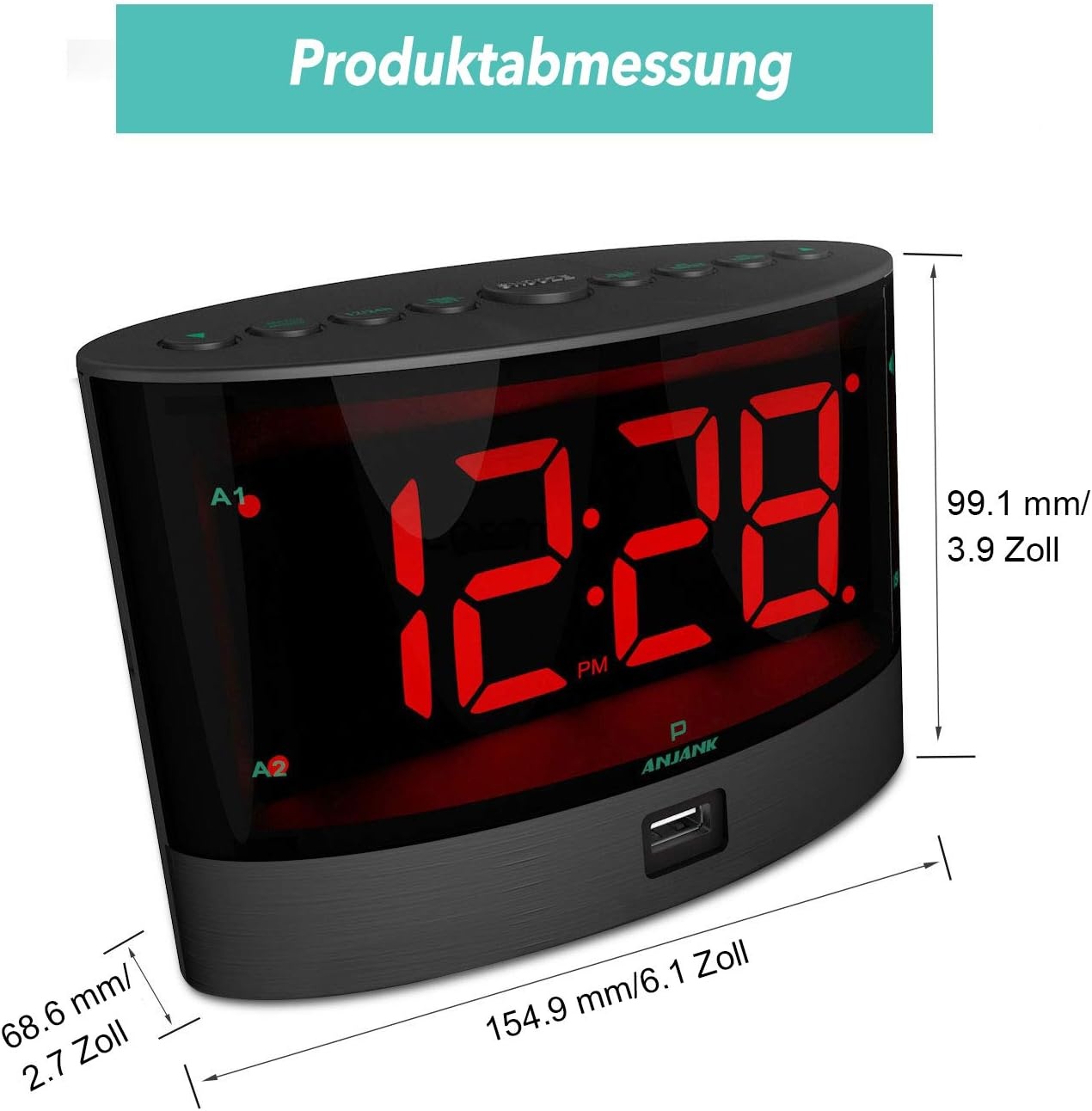 ANJANK Zeer Luide Wekker met Kabelloze Trillingen, Dedschudder Voor Gehoorlozen/Gehoorbeschadigde/Diepslaapers, Dubbel Alarm, Dimmer, Batterij Back-up, USB-lader, Grote Digitale LED-Weergave