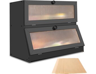 Broodtrommel van hout, 2 etages, met 50 stuks, bakpapier, brooddoos, brooddoos, broodmand, langdurige versheid, hoge capaciteit, zwart