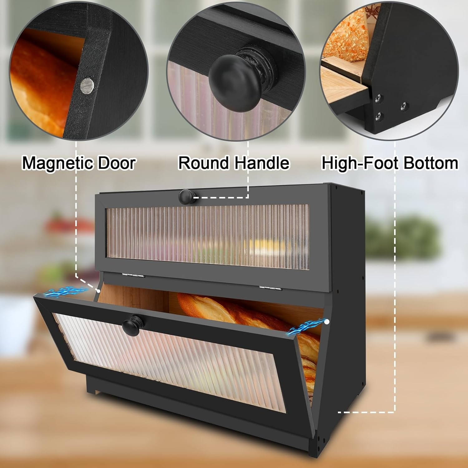 Broodtrommel van hout, 2 etages, met 50 stuks, bakpapier, brooddoos, brooddoos, broodmand, langdurige versheid, hoge capaciteit, zwart