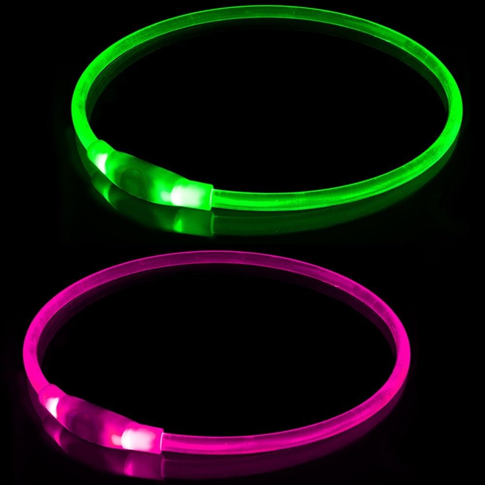 2 stuks led-hondenhalsbanden, USB-oplaadbaar, waterdicht, kan op elke maat worden gesneden, geschikt voor kleine honden, middelgrote honden, grote honden, groen + roze