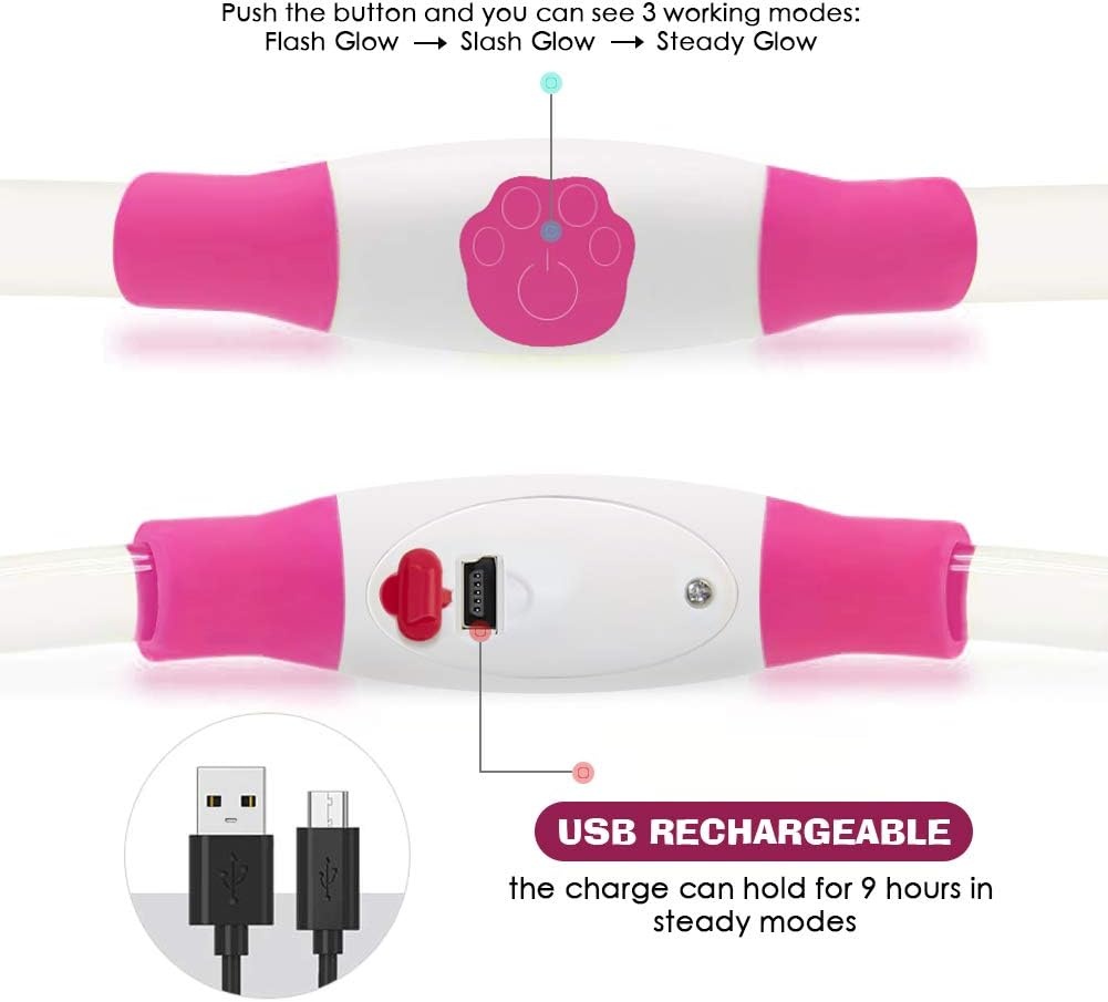 2 stuks led-hondenhalsbanden, USB-oplaadbaar, waterdicht, kan op elke maat worden gesneden, geschikt voor kleine honden, middelgrote honden, grote honden, groen + roze