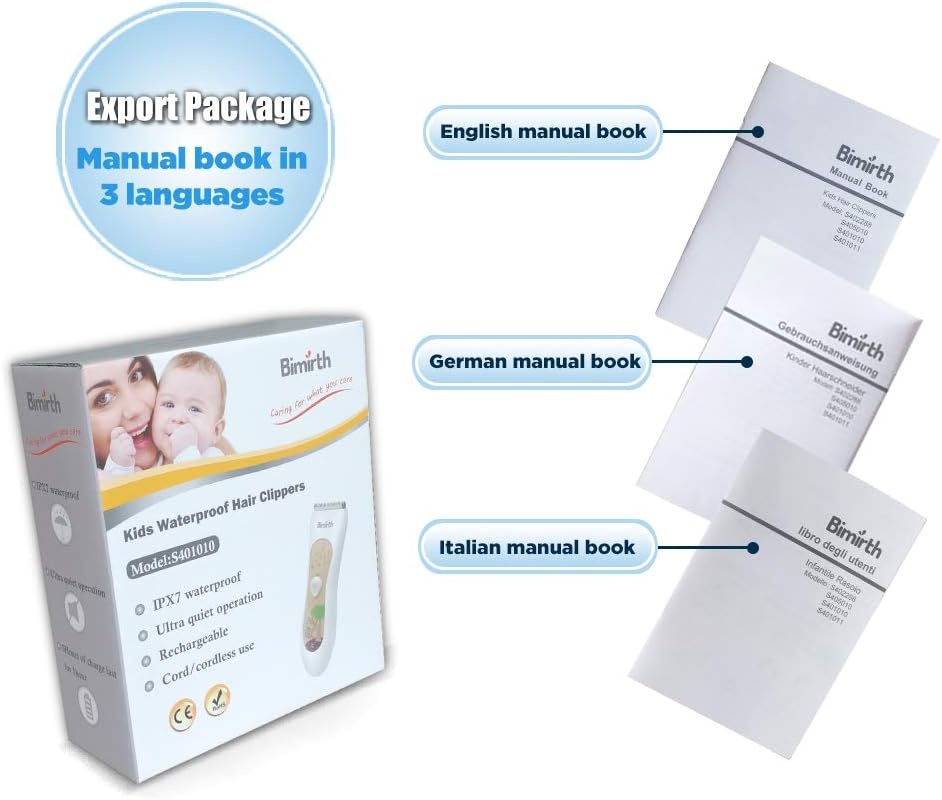 Bimirth Stille tondeuse voor kinderen, stille tondeuse voor kinderen, draadloze haarsnijmachine, USB-oplaadbaar, waterdicht, 3 geleidingskammen (met opbergtas)