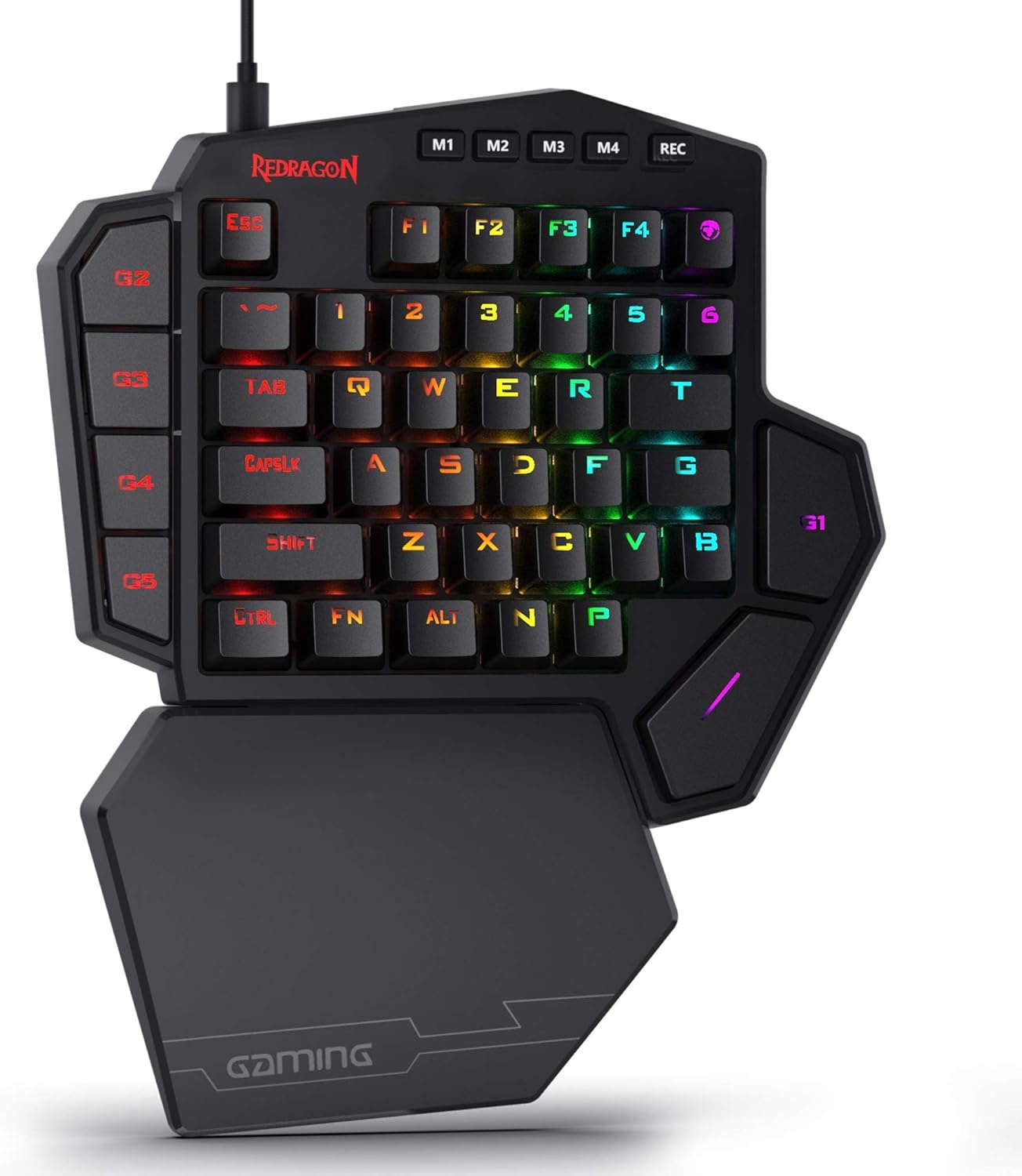 Redragon K585 DITI Mechanisch gamingtoetsenbord RGB met één hand, professioneel gamingtoetsenbord type C met 7 geïntegreerde macrotoetsen, afneembare polssteun, 42 toetsen, Amerikaanse lay-out