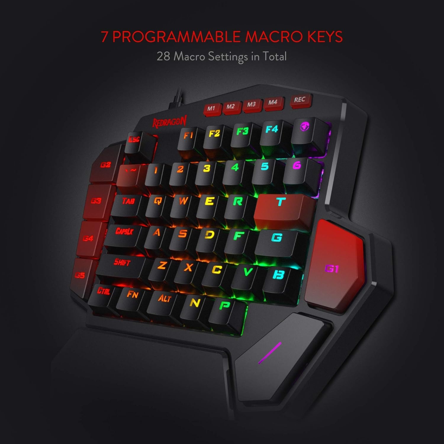 Redragon K585 DITI Mechanisch gamingtoetsenbord RGB met één hand, professioneel gamingtoetsenbord type C met 7 geïntegreerde macrotoetsen, afneembare polssteun, 42 toetsen, Amerikaanse lay-out