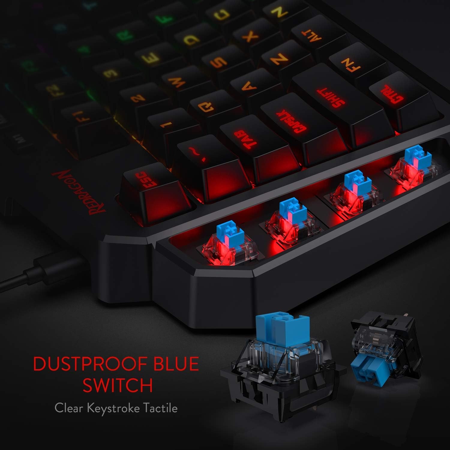 Redragon K585 DITI Mechanisch gamingtoetsenbord RGB met één hand, professioneel gamingtoetsenbord type C met 7 geïntegreerde macrotoetsen, afneembare polssteun, 42 toetsen, Amerikaanse lay-out