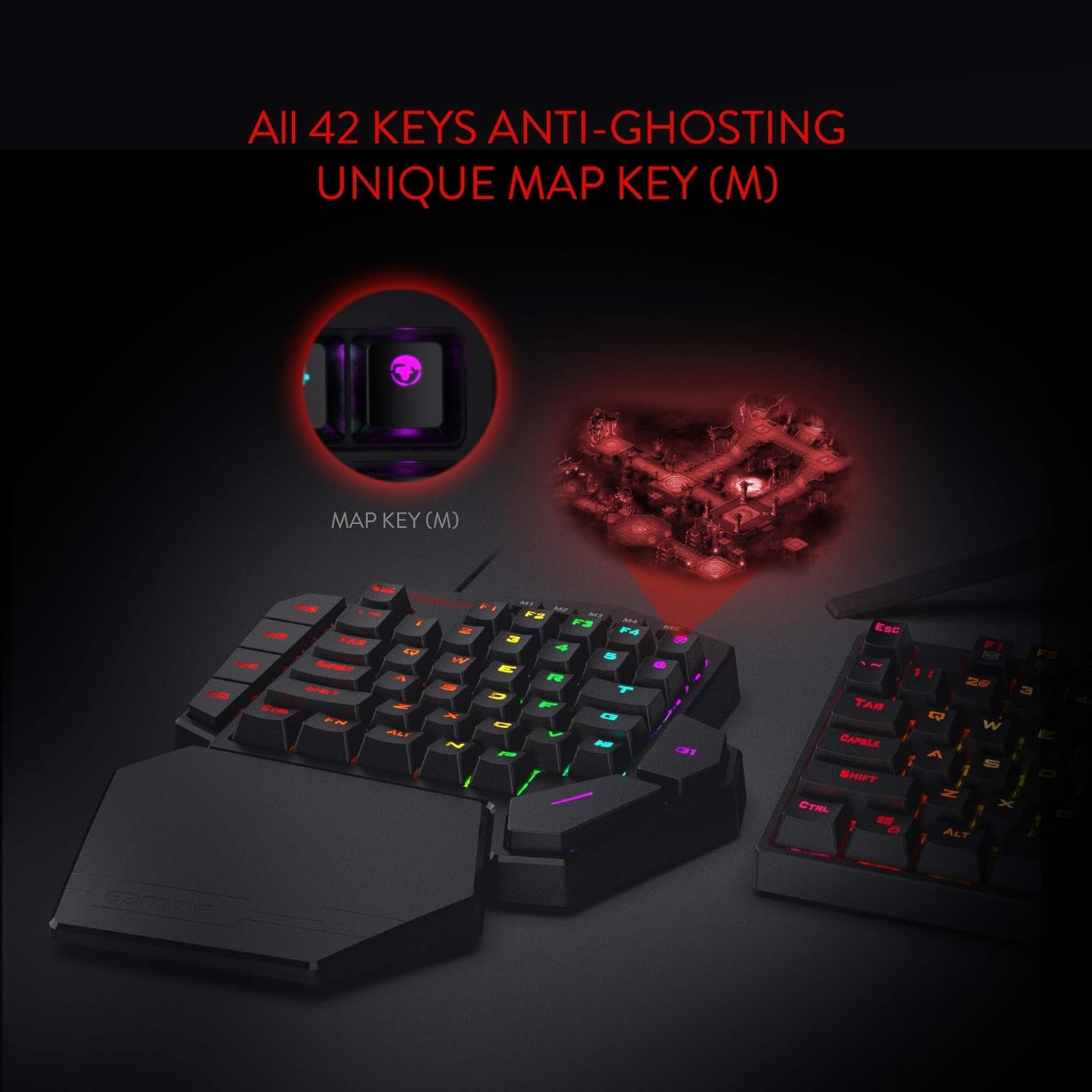 Redragon K585 DITI Mechanisch gamingtoetsenbord RGB met één hand, professioneel gamingtoetsenbord type C met 7 geïntegreerde macrotoetsen, afneembare polssteun, 42 toetsen, Amerikaanse lay-out