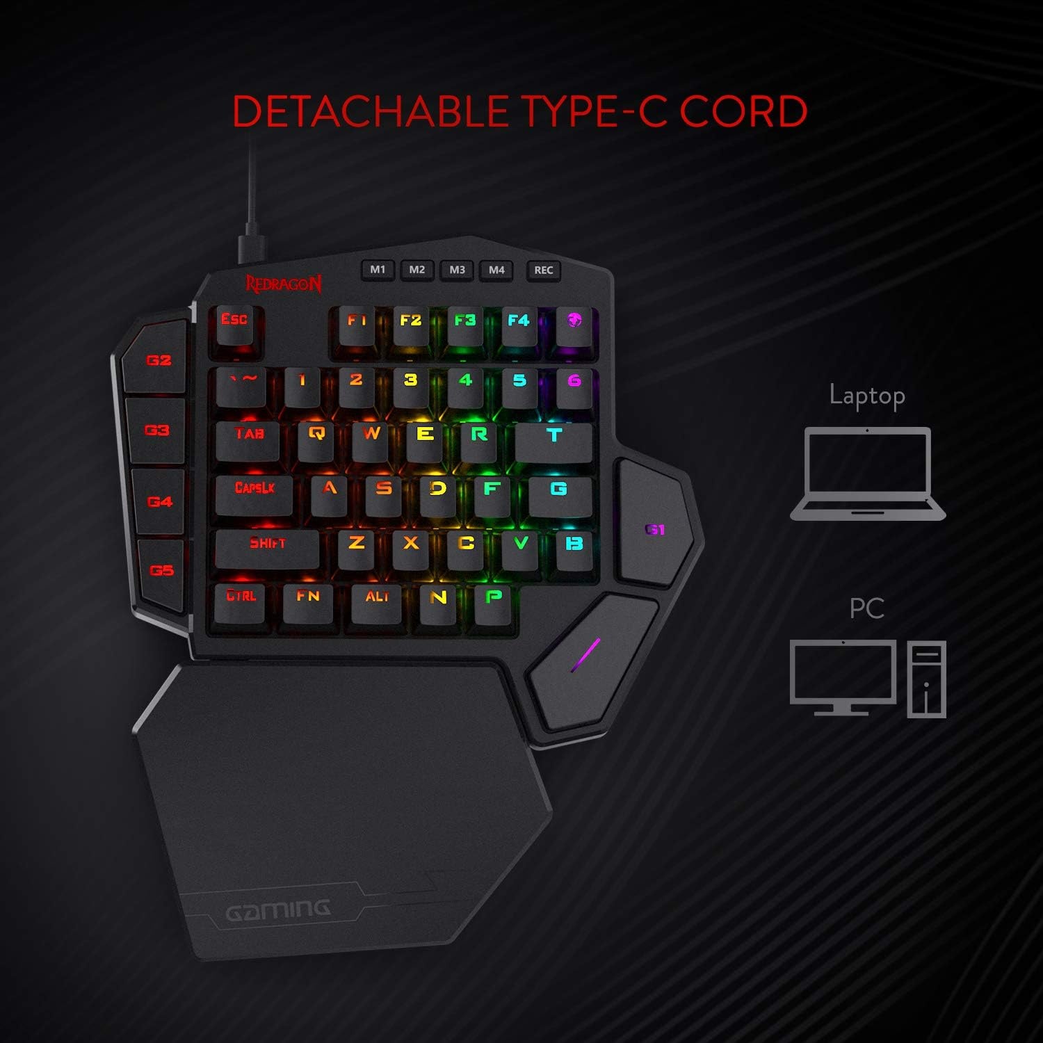 Redragon K585 DITI Mechanisch gamingtoetsenbord RGB met één hand, professioneel gamingtoetsenbord type C met 7 geïntegreerde macrotoetsen, afneembare polssteun, 42 toetsen, Amerikaanse lay-out