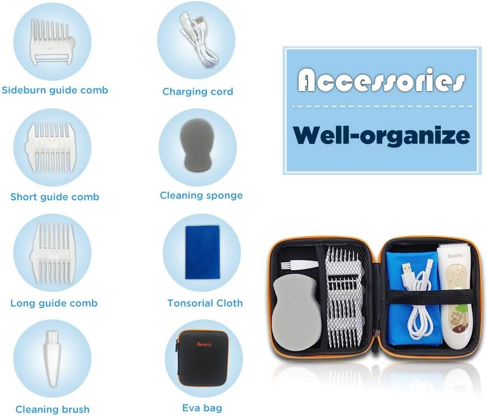 Bimirth Stille tondeuse voor kinderen, stille tondeuse voor kinderen, draadloze haarsnijmachine, USB-oplaadbaar, waterdicht, 3 geleidingskammen (met opbergtas)