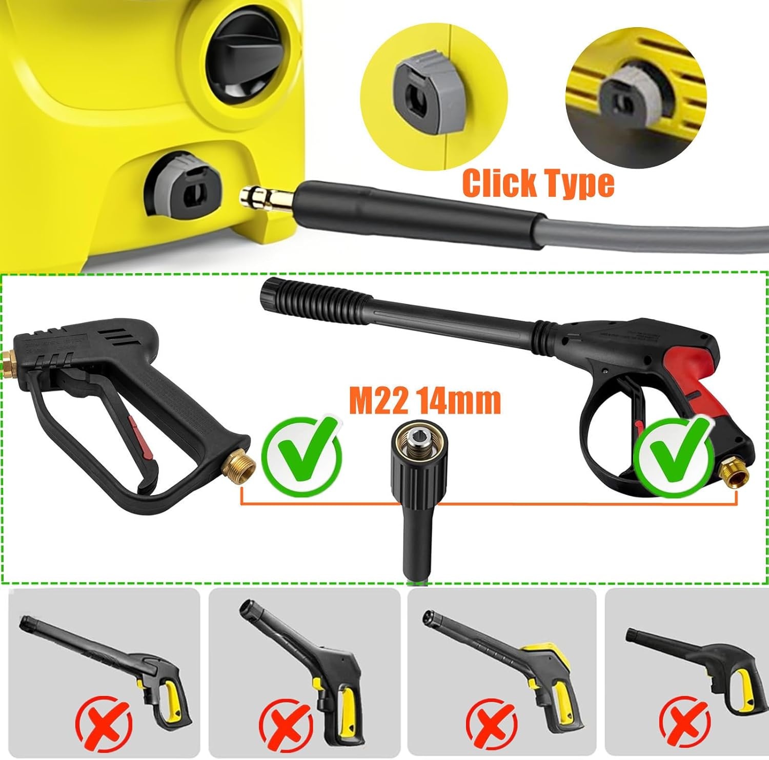 10M Hogedrukreiniger Vervangende Slang voor Karcher K2 K3 K4 K5 K6 K7, Klik Bajonet naar M22 14mm 3600PSI Super Flexibele Hogedrukslang voor Kärcher Alleen Schroefdraad Uitlaat