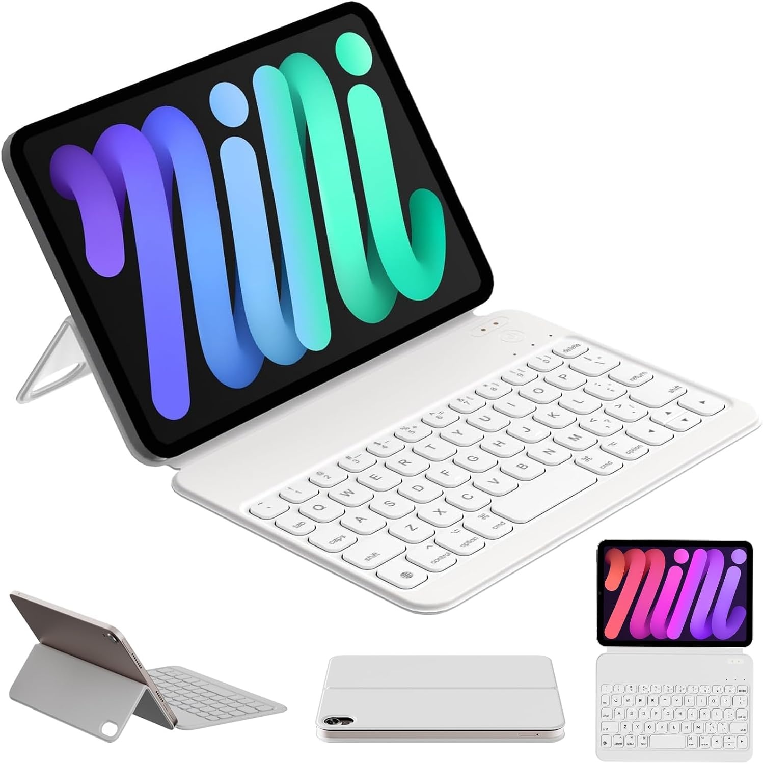 iPad Mini 6 (8,3 inch) toetsenbordhoes, HOU Ultra Slim draadloos toetsenbord Alleen 210g, Power Display, Magnetische beschermhoes Ondersteuning iPad Mini 6e generatie 2021 - Wit