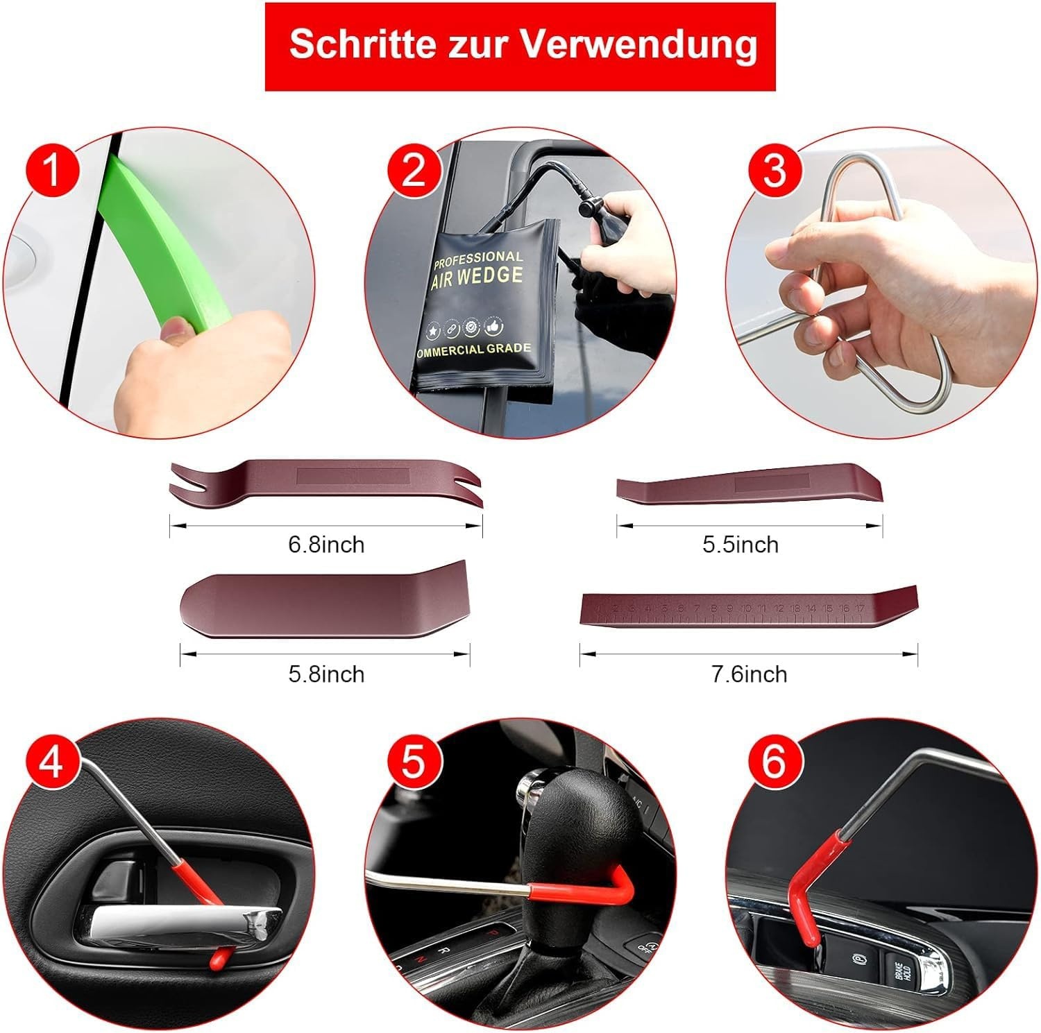 Menborn Professioneel autogereedschapsset 16-delig met lange greep, luchtkeilpump, spoorloze keil, handschoenen, onmisbaar autogereedschap voor noodgevallen