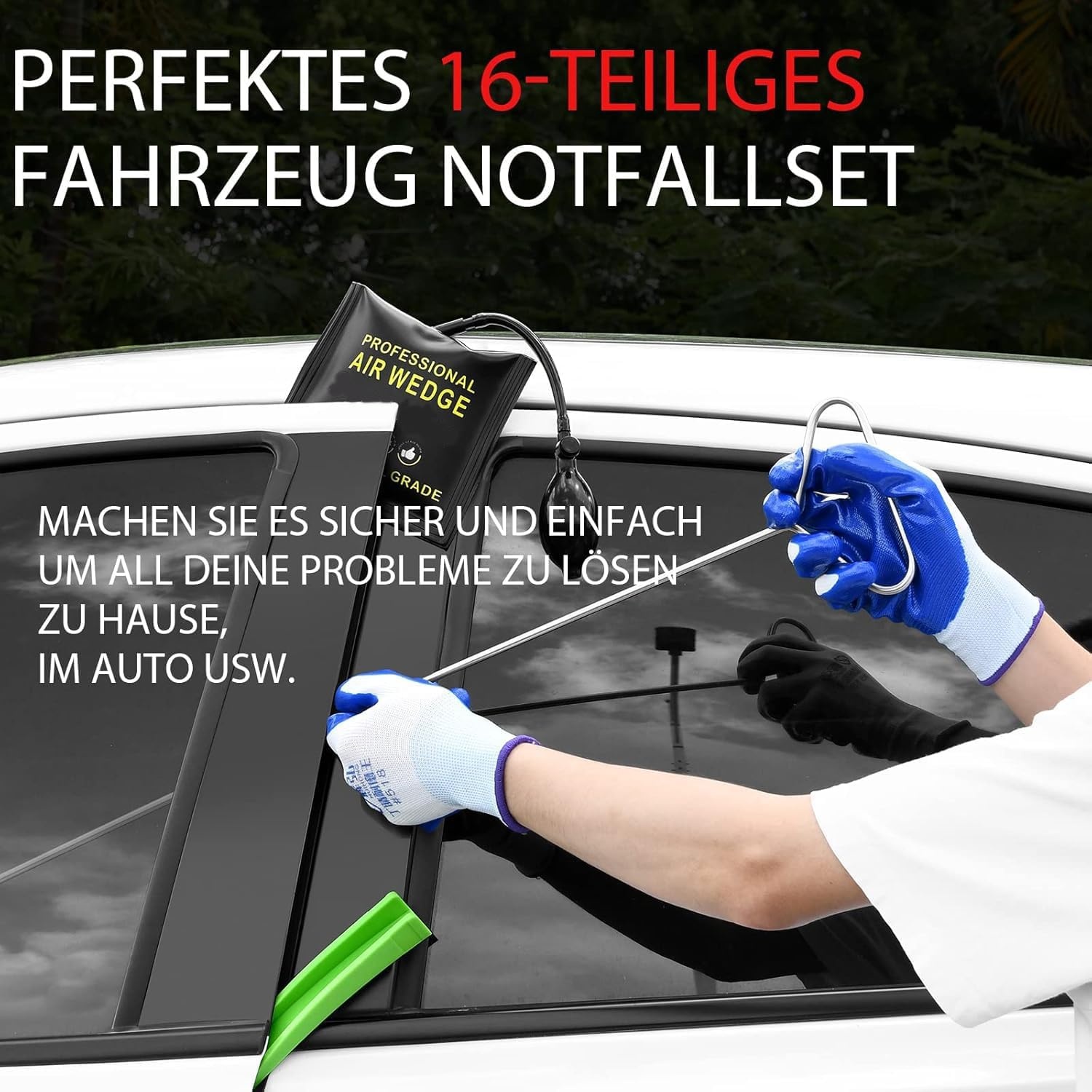 Menborn Professioneel autogereedschapsset 16-delig met lange greep, luchtkeilpump, spoorloze keil, handschoenen, onmisbaar autogereedschap voor noodgevallen