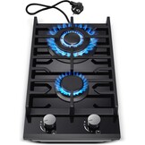 TopStrong Gaskookplaat 2-Pits, 30cm Gehard Glazen Gaskookplaat, Inbouwgaskookplaat Met Gietijzeren Steunen, Aardgas/Propaangas Omvormbaar, Vlambeveiliging, 5200W, Zwart