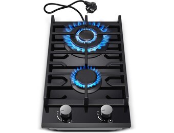 TopStrong Gaskookplaat 2-Pits, 30cm Gehard Glazen Gaskookplaat, Inbouwgaskookplaat Met Gietijzeren Steunen, Aardgas/Propaangas Omvormbaar, Vlambeveiliging, 5200W, Zwart