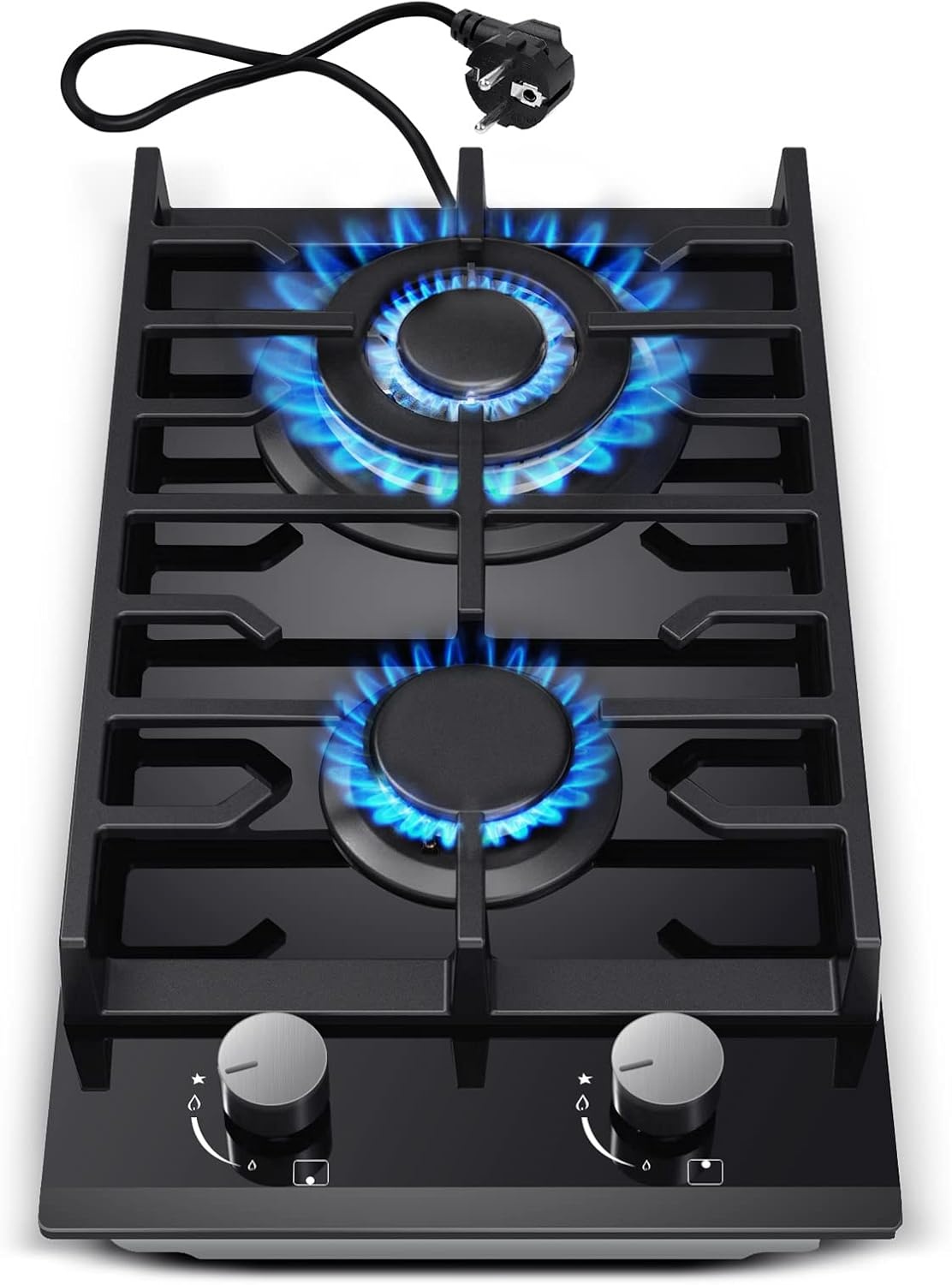 TopStrong Gaskookplaat 2-Pits, 30cm Gehard Glazen Gaskookplaat, Inbouwgaskookplaat Met Gietijzeren Steunen, Aardgas/Propaangas Omvormbaar, Vlambeveiliging, 5200W, Zwart
