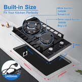 TopStrong Gaskookplaat 2-Pits, 30cm Gehard Glazen Gaskookplaat, Inbouwgaskookplaat Met Gietijzeren Steunen, Aardgas/Propaangas Omvormbaar, Vlambeveiliging, 5200W, Zwart