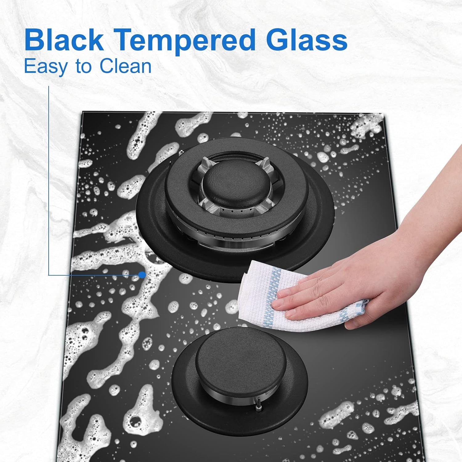 TopStrong Gaskookplaat 2-Pits, 30cm Gehard Glazen Gaskookplaat, Inbouwgaskookplaat Met Gietijzeren Steunen, Aardgas/Propaangas Omvormbaar, Vlambeveiliging, 5200W, Zwart
