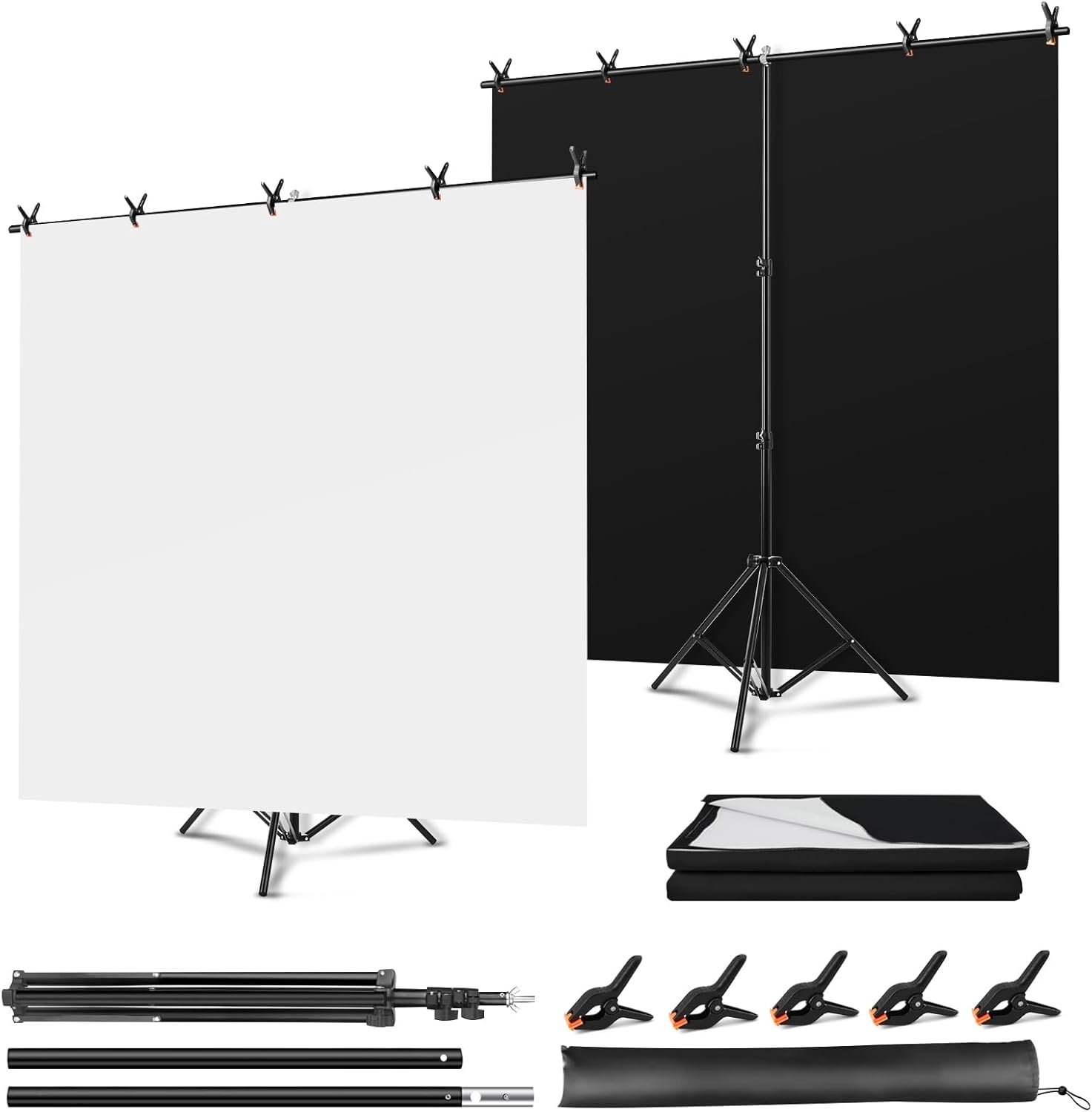 2-in-1 Achtergrondset Zwart/Wit met Statief - 150 x 200 cm, Omkeerbaar Dubbelzijdig Canvas