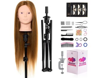 Kappershoofd met Statief, 71 cm Blond Haar (60% Echt Mensenhaar) voor Oefenen en Styling