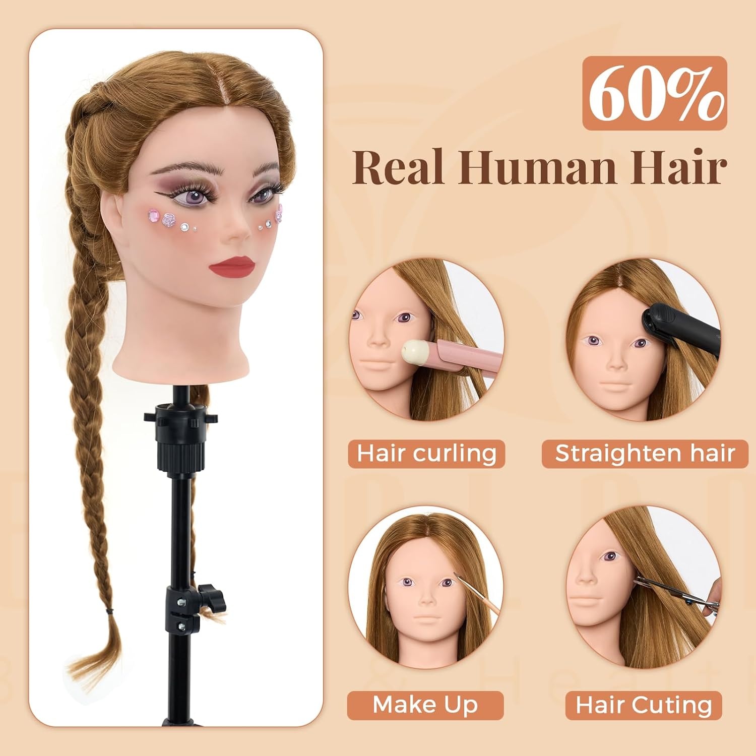 Kappershoofd met Statief, 71 cm Blond Haar (60% Echt Mensenhaar) voor Oefenen en Styling