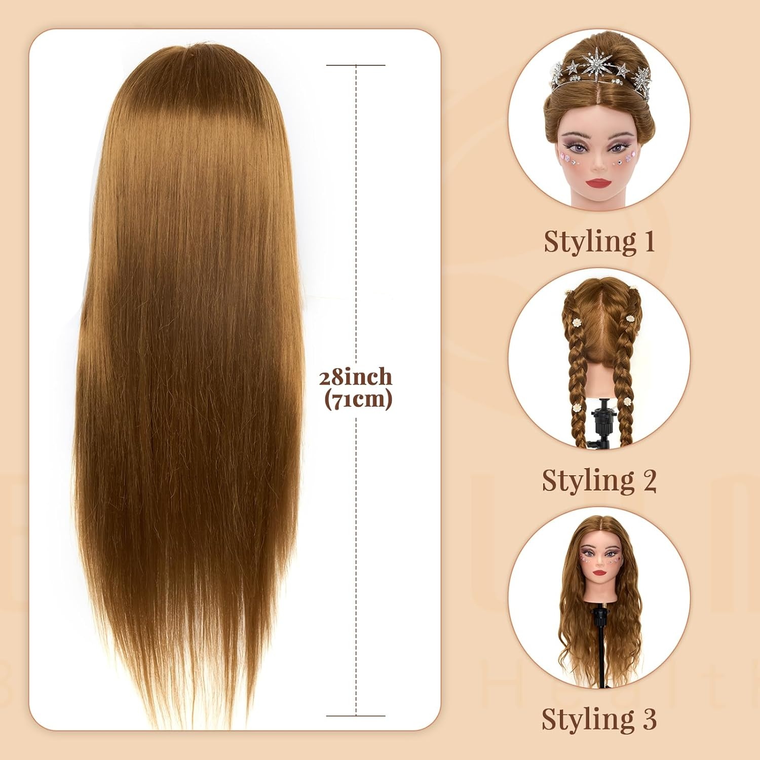 Kappershoofd met Statief, 71 cm Blond Haar (60% Echt Mensenhaar) voor Oefenen en Styling