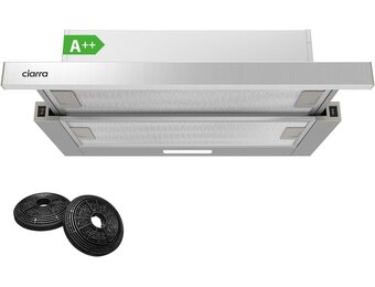 Ciarra CBCS6906D A++ Platte Afzuigkap Afzuigkap 60 cm Convectie 370 m³/h met CBCF002X2 Actieve Koolfilter Geïntegreerde Inbouw Platte Afzuigkap 2 Treden LED-verlichting Zilver - Maat 60 cm