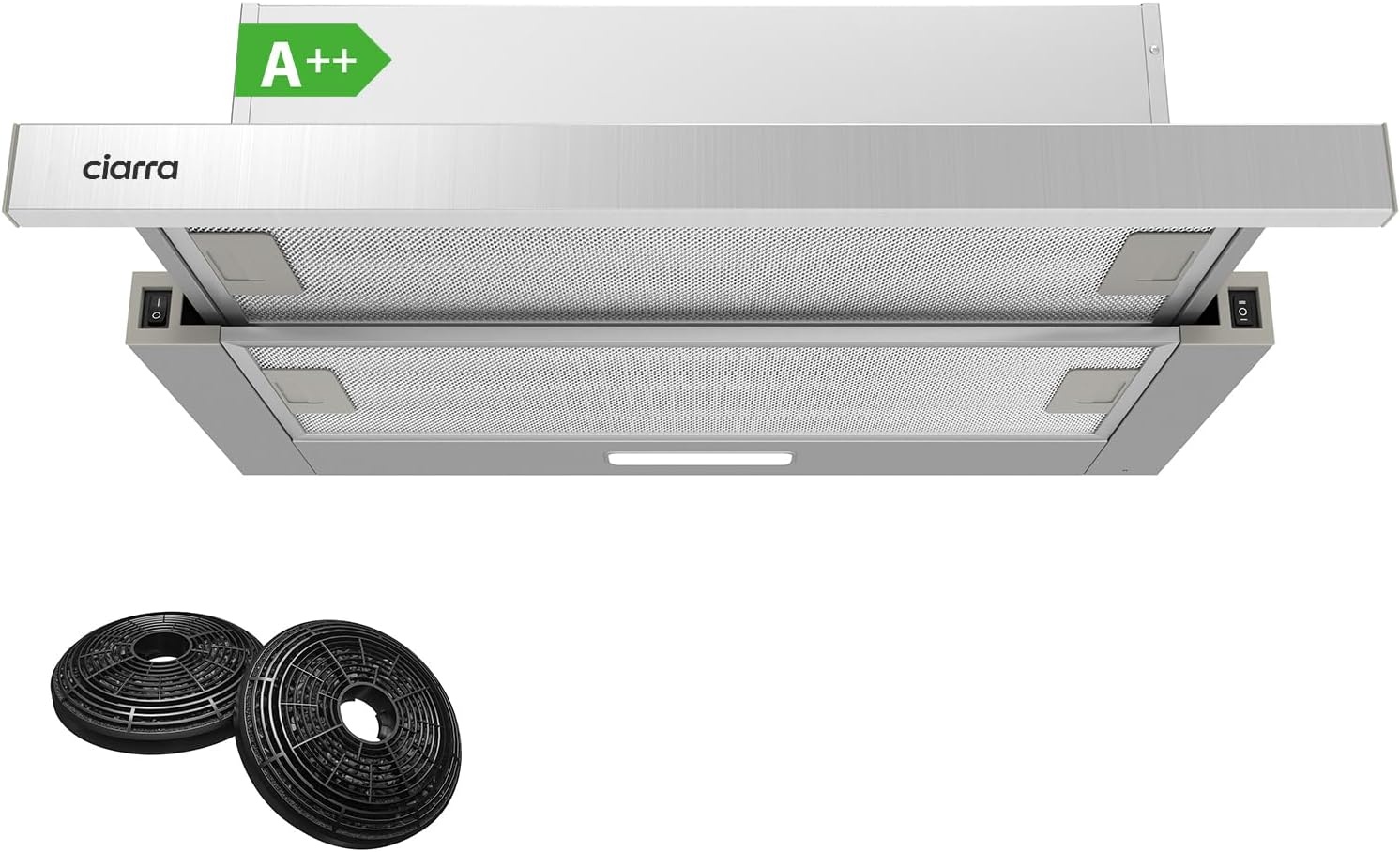 Ciarra CBCS6906D A++ Platte Afzuigkap Afzuigkap 60 cm Convectie 370 m³/h met CBCF002X2 Actieve Koolfilter Geïntegreerde Inbouw Platte Afzuigkap 2 Treden LED-verlichting Zilver - Maat 60 cm