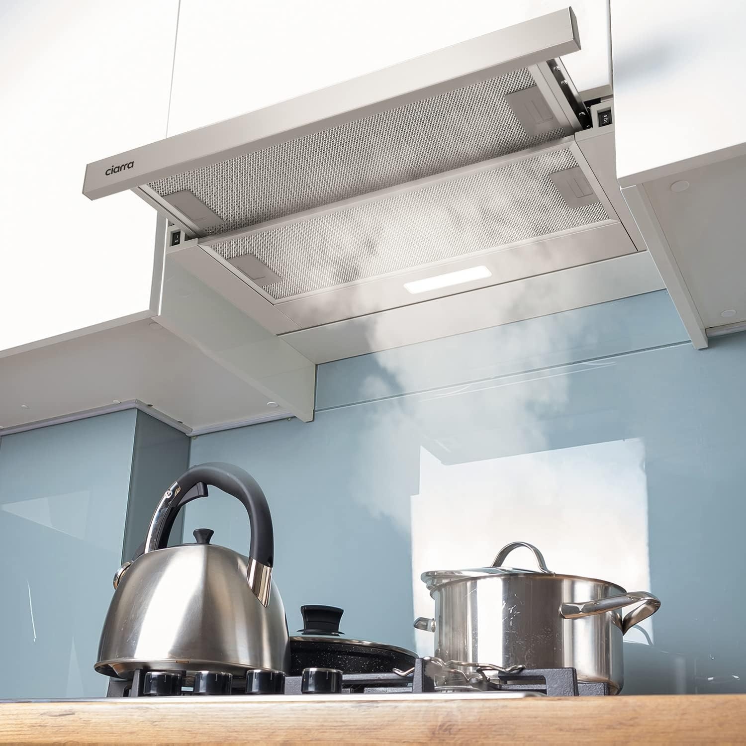 Ciarra CBCS6906D A++ Platte Afzuigkap Afzuigkap 60 cm Convectie 370 m³/h met CBCF002X2 Actieve Koolfilter Geïntegreerde Inbouw Platte Afzuigkap 2 Treden LED-verlichting Zilver - Maat 60 cm