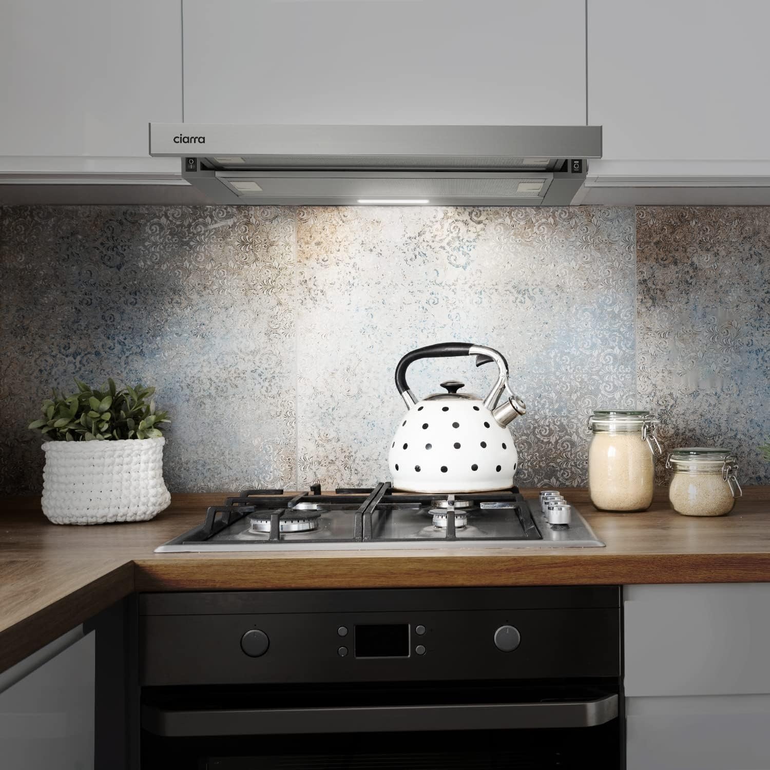 Ciarra CBCS6906D A++ Platte Afzuigkap Afzuigkap 60 cm Convectie 370 m³/h met CBCF002X2 Actieve Koolfilter Geïntegreerde Inbouw Platte Afzuigkap 2 Treden LED-verlichting Zilver - Maat 60 cm