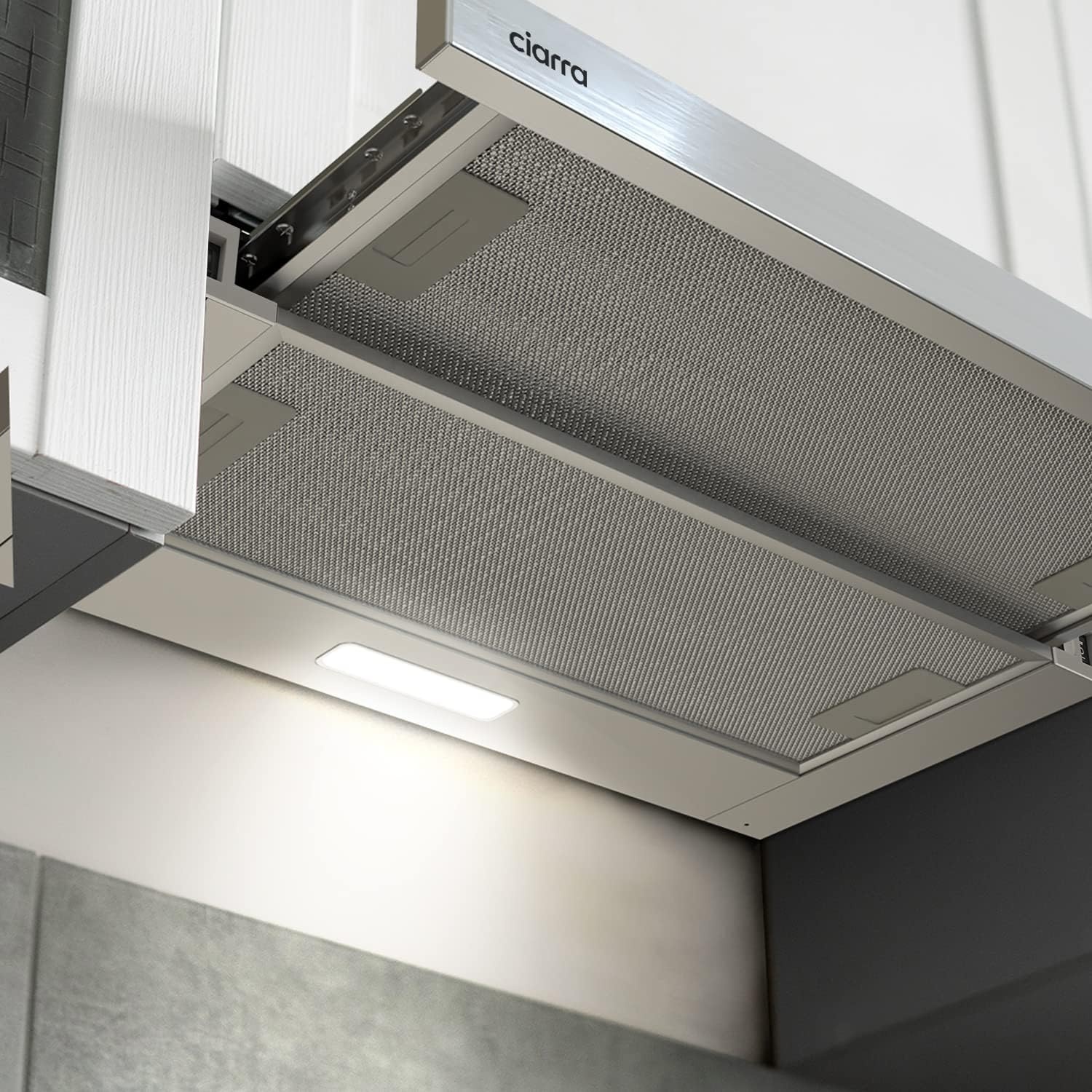 Ciarra CBCS6906D A++ Platte Afzuigkap Afzuigkap 60 cm Convectie 370 m³/h met CBCF002X2 Actieve Koolfilter Geïntegreerde Inbouw Platte Afzuigkap 2 Treden LED-verlichting Zilver - Maat 60 cm