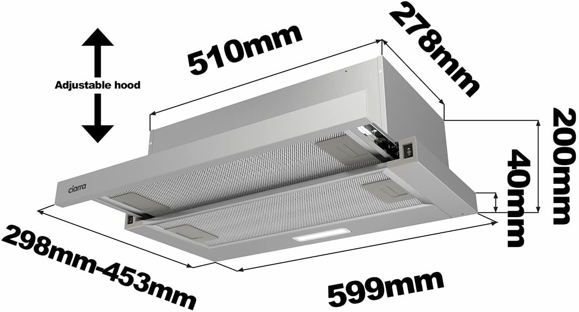 Ciarra CBCS6906D A++ Platte Afzuigkap Afzuigkap 60 cm Convectie 370 m³/h met CBCF002X2 Actieve Koolfilter Geïntegreerde Inbouw Platte Afzuigkap 2 Treden LED-verlichting Zilver - Maat 60 cm
